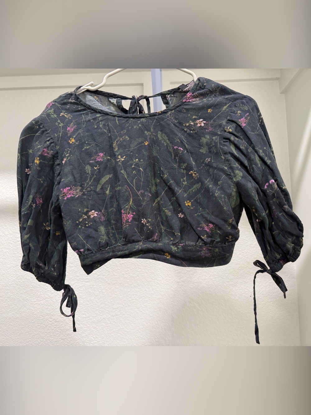 All Saints Black Floral Puff-Sleeve Crop Top